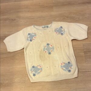 Vintage Shenanigans Women's Cream Sweater Blue Floral Accents hand Crocheted